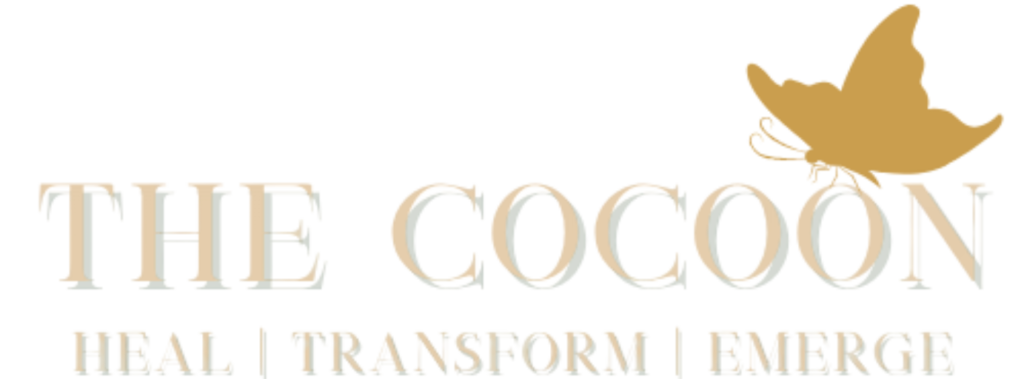 The cocoon logo, with the quick motto of twhat the retreat stands for. You come to heal your pain, transform your story, and emerge victoriously