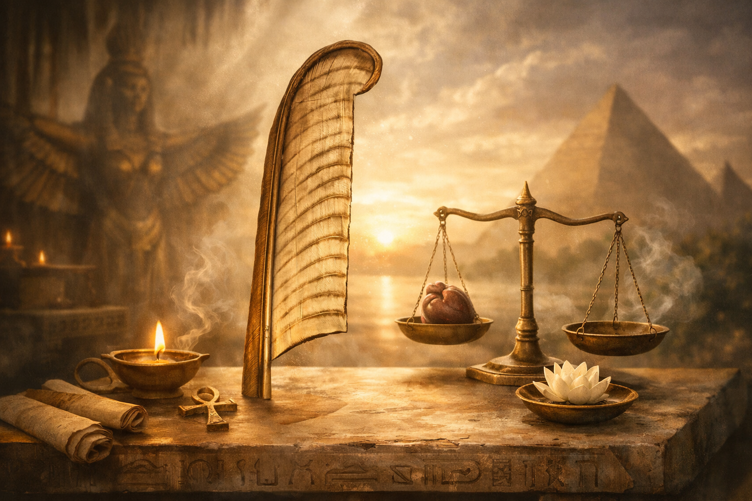 Feather of Ma’at and scale with heart in Egyptian-inspired grief illustration