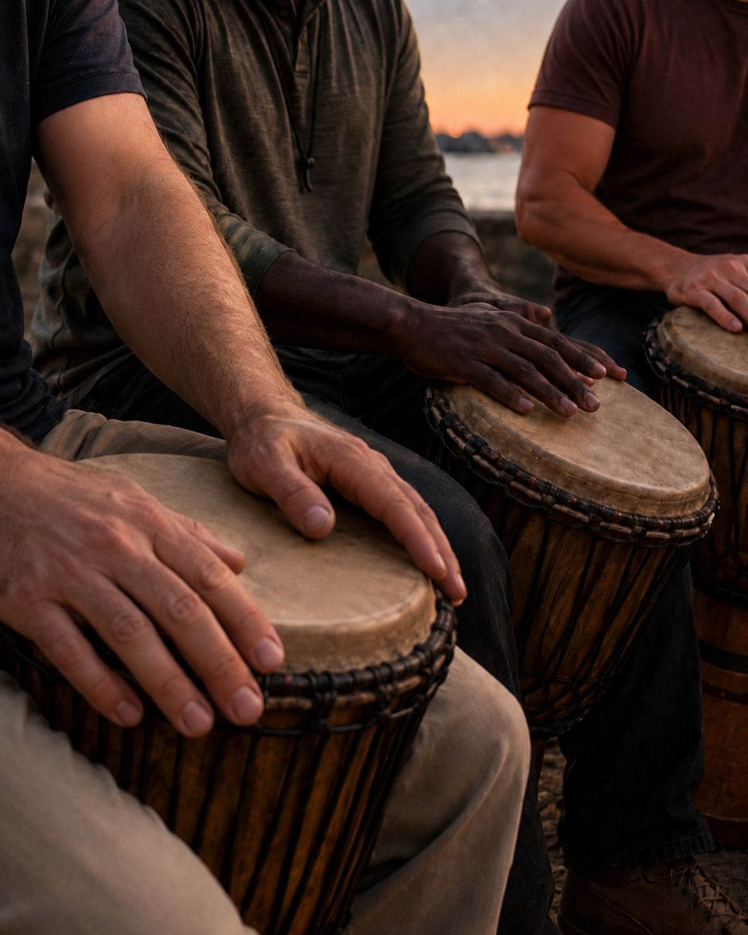 Moth 8 Men's hands on djembe drums at sunset