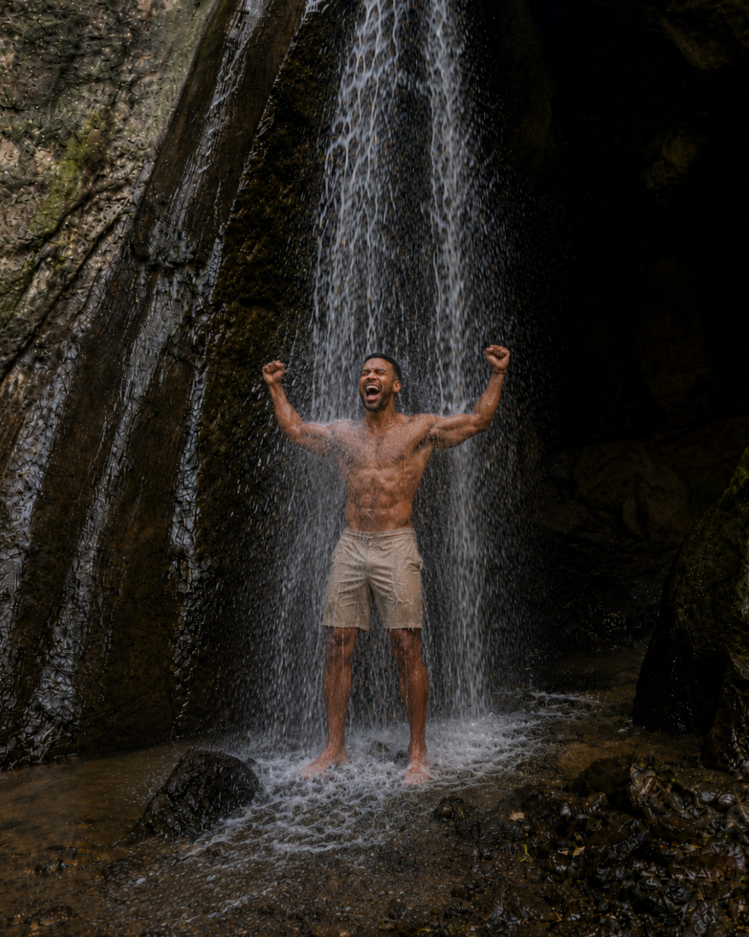 Moth 5 Man standing under waterfall, arms raised in release