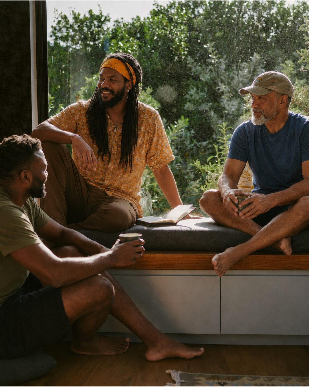 Moth 9 Three men laughing and connecting indoors
