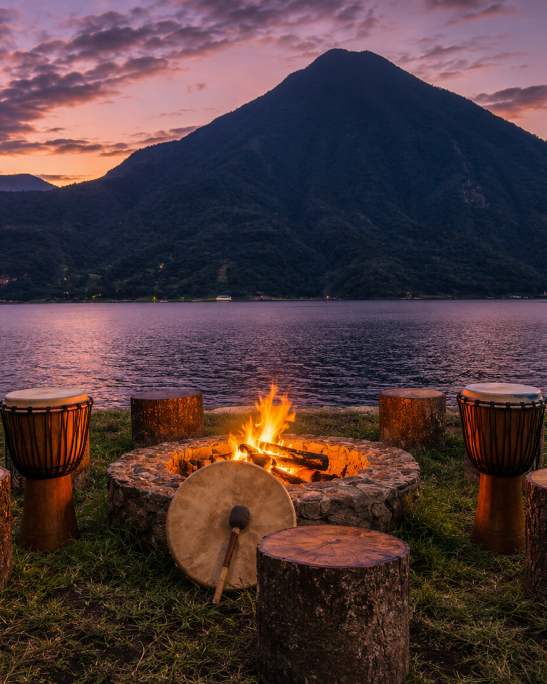 Moth 7 Fire circle at Lake Atitlán at sunset with volcano