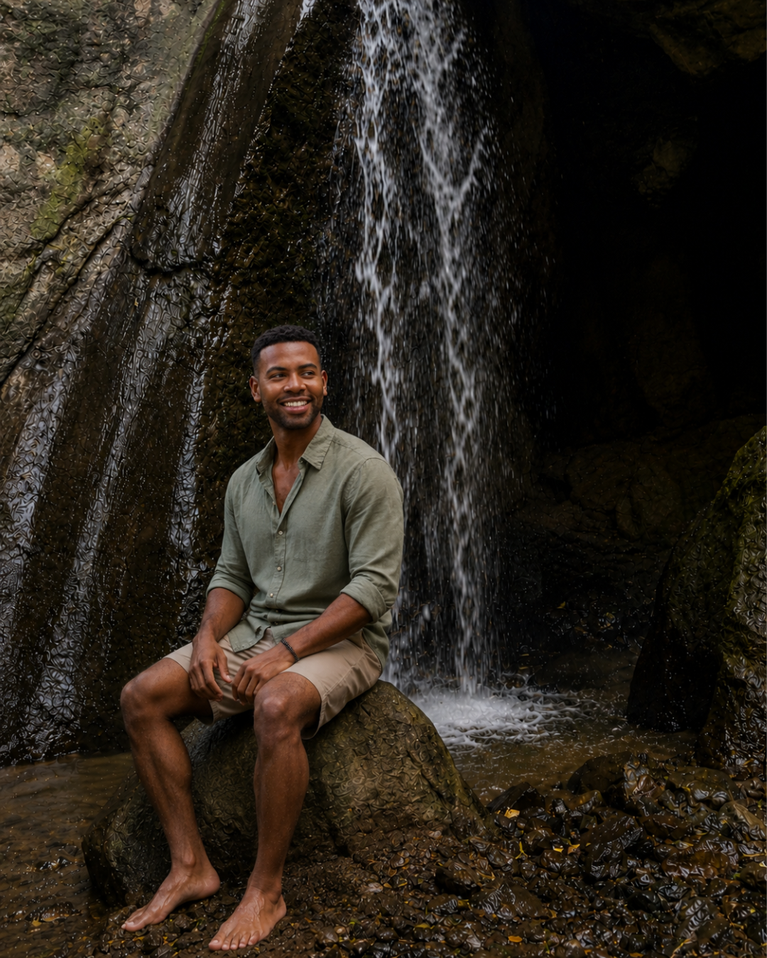 Moth 6 Man seated peacefully at waterfall, open and present