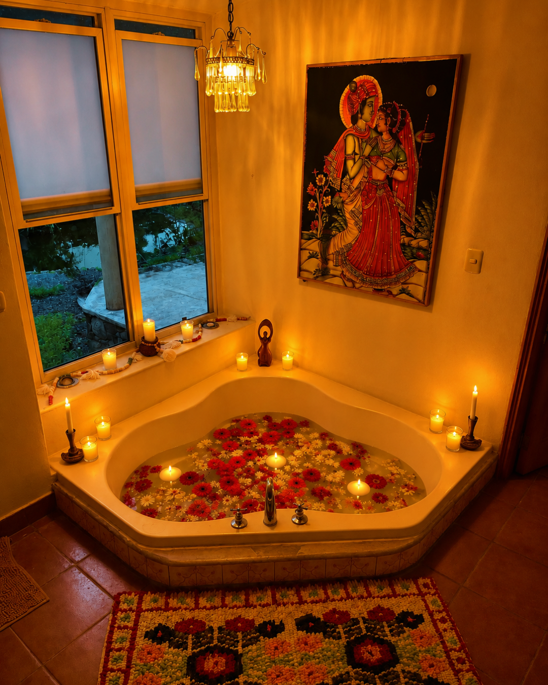 A ceremonial goddess flower bath, part of The Caterpillar private healing immersion