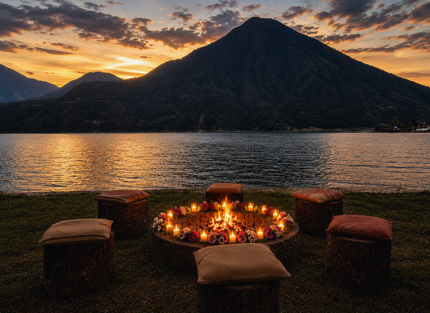 Butterfly 3 Ceremonial fire pit at Lake Atitlán at dusk with the full volcano visible