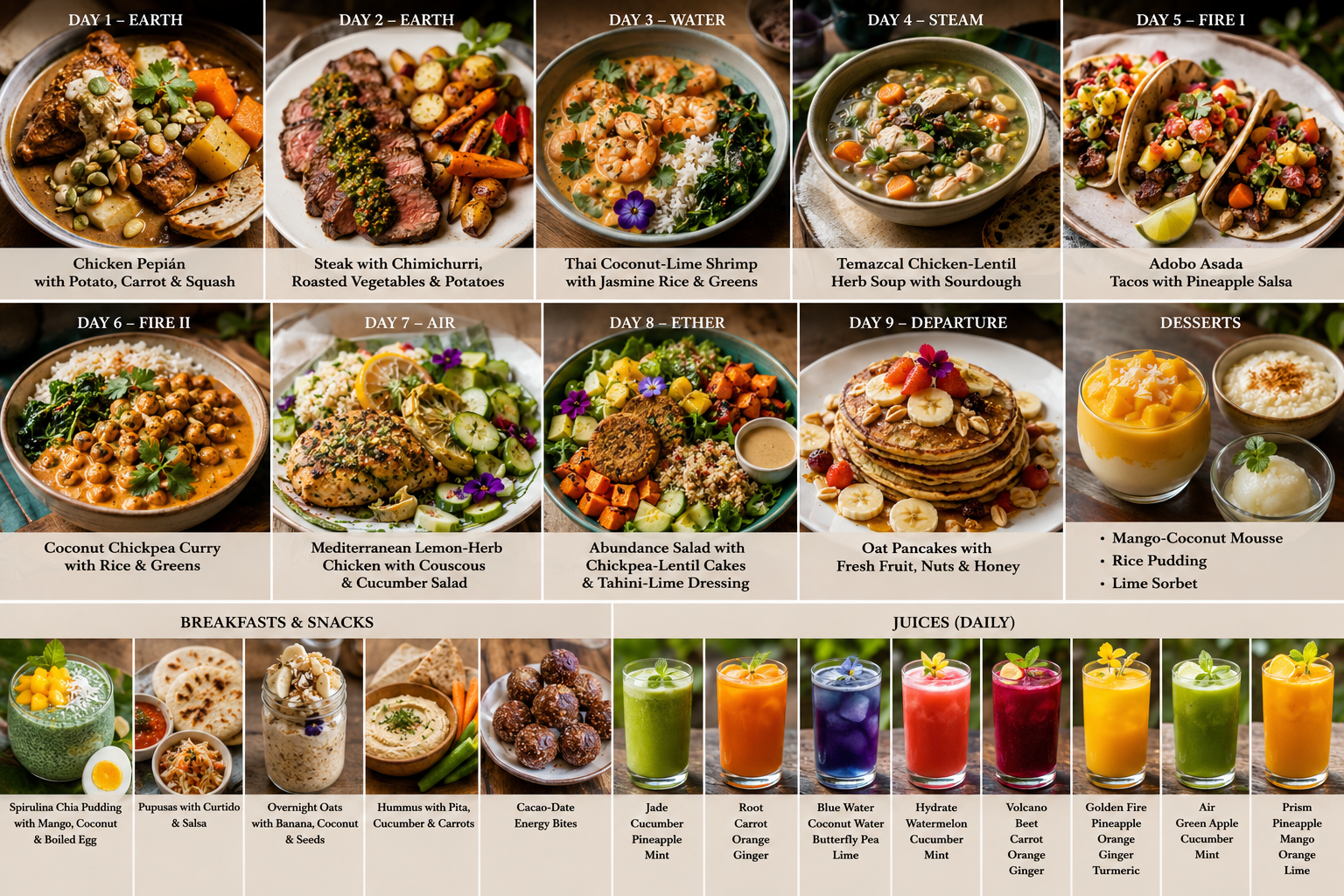 The Cocoon elemental meal plan, one dish and fresh juice from each day of the retreat